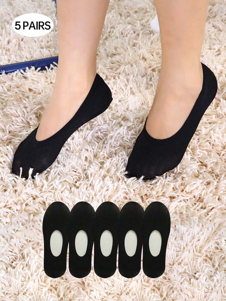 5pairs/Pack Women's Black Invisible Socks With High Elasticity, Thin Mesh, Silicone Anti-Slip And Glossy Finish - Black - View 1