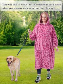 1 Pcs Wearable Blanket Sweatshirt Gifts For Women And Men, Warm And Cozy Giant Blanket Hoodie, Thick Flannel Blanket With Sleeves And Giant Pocket - 豹粉紅色 - 查看 5