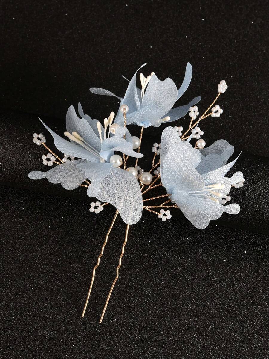 1pc Elegant Butterfly Petal Design Faux Pearl Hairpin, Bride Hair Accessories For Wedding & Formal Event Valentine's Day Accessories - Blue - View 1