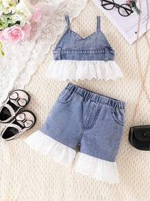 Nuevo conjunto de 2 piezas de peto vaquero para niñas pequeñas para primavera-verano: top con peto vaquero y pantalones cortos