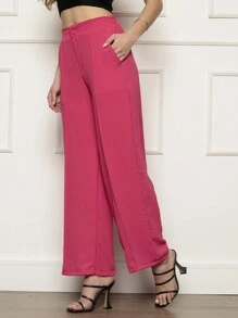 Women's Wide Leg Pants High Waist Does Not Wrinkle With Pockets Pantalona Tailoring - 玫紅色 - 查看 4