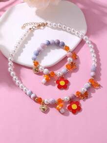 2 件套女孩海星贝壳蝴蝶珍珠串珠项链和手链套装