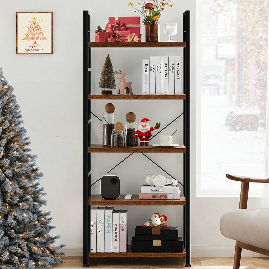 OLIXIS 5 Tier Bookcase, Tall Bookshelf Modern Book Case, Book Shelf For Books, Garage Kit, CDs, Movies, Industrial Corner Storage Organizer For Home Bedroom Office Kitchen, Rust Brown - 棕色 - 查看 1