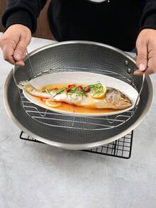 1pc Stainless Steel Fish Steaming Rack, Oval Shaped Dual-Tier Steamer Basket For Air Fryer - White - View 7