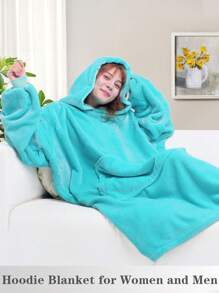1 Pcs Wearable Blanket Sweatshirt Gifts For Women And Men, Warm And Cozy Giant Blanket Hoodie, Thick Flannel Blanket With Sleeves And Giant Pocket - 青色 - 查看 3
