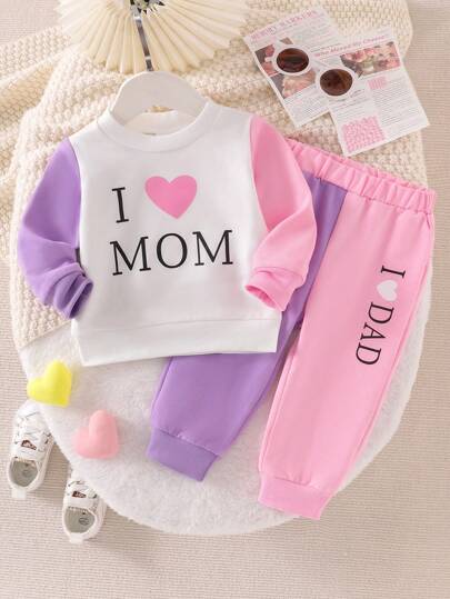 Baby Girl Casual Color Block "I Love Mom" Letter Heart Printed Sweatshirt And "I Love Dad" Letter Heart Printed Sweatpants Set