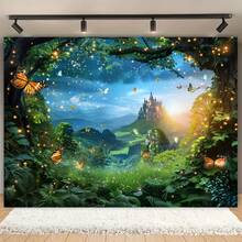 1 pieza, Fondo de fotografía de bosque - Cuento de hadas de primavera con mariposas, diseño de bosque verde y cueva de montaña - Fondo de poliéster versátil para retratos, fiestas de cumpleaños y talla grande - Multicolor - Ver 2