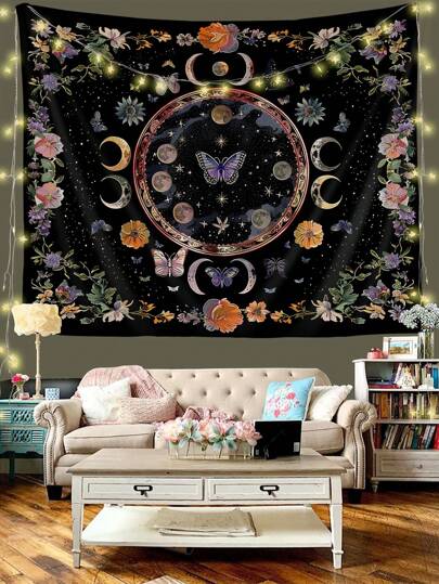 1 pieza Tapiz decorativo de pared de poliéster con patrón de flores, luna creciente, luna y mariposa, estilo moderno adecuado para sala de estar y dormitorio, bandera para habitación, decoración de habitación, tapices, arte de pared, artículos para habitación, banderas para habitación, decoración del hogar, tapiz de pared