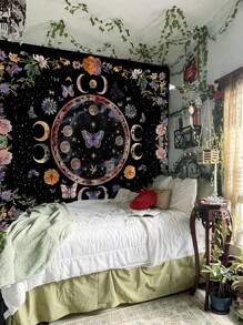 1pc Floral, Crescent Moon, Moon, And Butterfly Pattern Polyester Decorative Wall Hanging Tapestry, Modern Style Suitable For Living Room And Bedroom, Flag For Room, Room Decor, Tapestri, Wall Art ,Room Stuffs, Flags For Room, Home Decor, Wall Tapestry