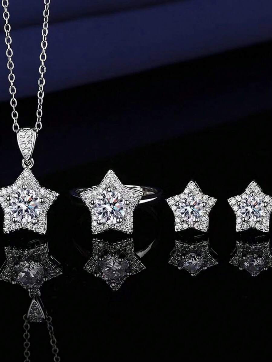 4pcs/Set Fashion Star Design Jewelry Set Including Rings, Earrings, And Necklace For Women - Silver - View 1