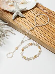 2件套波西米亚海滩度假风人造珍珠贝壳蝴蝶结串珠脚链套装（女士） - 彩色 - 查看 2