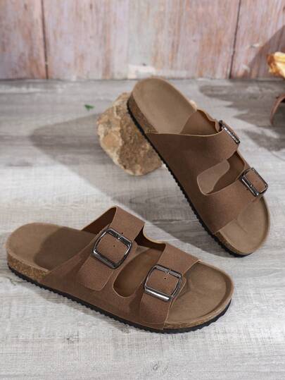 Women's New Fashion Beach Sandals, Wooden Bottom Flat Open Toe Breathable Double Buckle Elegant Versatile Comfortable Outdoor Walking Flat Sandals
