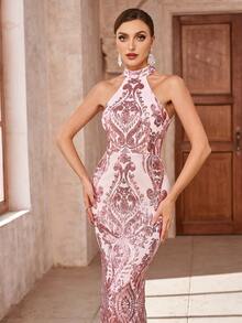 性感露背亮片美人鱼连衣裙，粉色晚礼服，优雅正式舞会礼服，适合婚礼嘉宾、毕业典礼、晚宴 - 粉色 - 查看 2