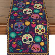 Toalha de mesa com estampa de caveira do Dia dos Mortos, ideal para festas temáticas de Halloween e Carnaval Mexicano. Perfeita para cozinha, restaurante e decoração de casa. Ideal para fazendas, residências, feriados, festas, aniversários, casamentos e jantares. Decorações de Halloween e festas temáticas em casa.