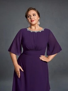Faeriesty Mosy Elegant Plus-Size Evening Gown With Beaded Round Neckline, Three-Quarter Flutter Sleeves & Asymmetrical Layered Hemline – Structured Waist For Curvy Silhouette, Floor-Length Luxe Fabric – Perfect For Gala Dinners, Wedding Guest Attire, Prom Nights, Award Ceremonies, And High Tea Events - Purple - View 8