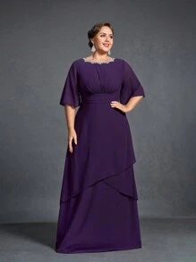 Faeriesty Mosy Elegant Plus-Size Evening Gown With Beaded Round Neckline, Three-Quarter Flutter Sleeves & Asymmetrical Layered Hemline – Structured Waist For Curvy Silhouette, Floor-Length Luxe Fabric – Perfect For Gala Dinners, Wedding Guest Attire, Prom Nights, Award Ceremonies, And High Tea Events - Purple - View 4