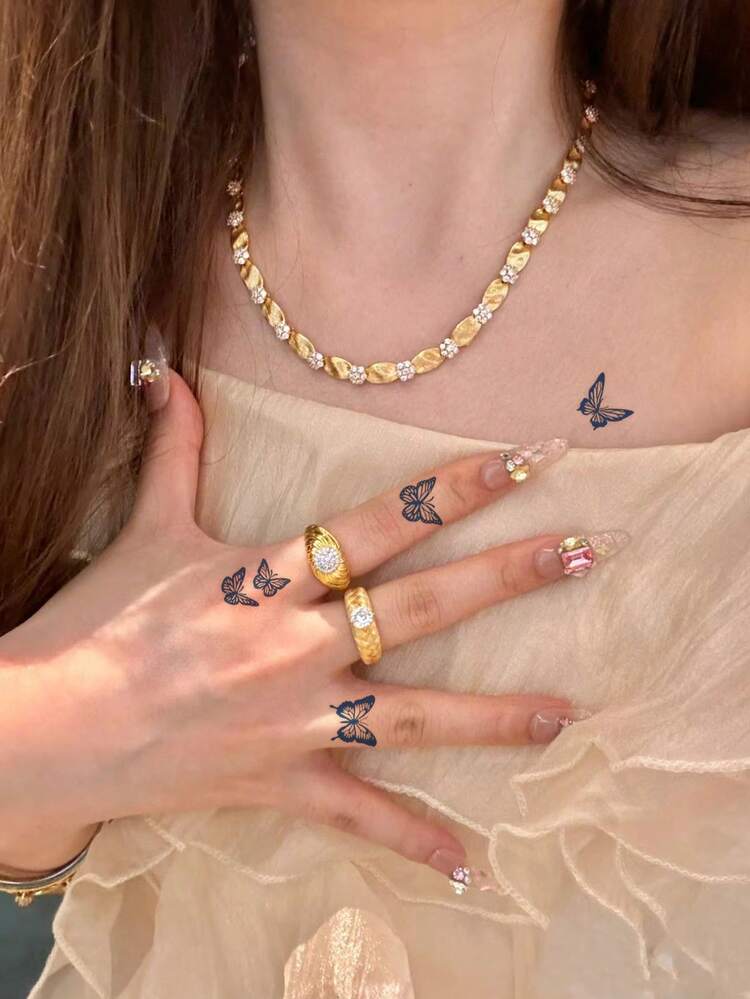 1 hình xăm bướm bán vĩnh viễn Herbal Juice, phong cách Y2K, họa tiết nhỏ được thiết kế độc đáo, không phai màu và không phản chiếu trong 7-14 ngày, dùng cho ngón tay, tai, cổ, vai, xương đòn và cơ thể, hình dán xăm tạm thời - Màu xanh lam - Xem 7