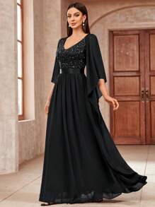 MIUSOL Đầm maxi dự tiệc trang trọng cổ chữ V sâu, đính sequin, phối ren hoa, chất liệu chiffon, thanh lịch dành cho nữ, màu đen, thích hợp cho mùa xuân. - màu đen - Xem 7