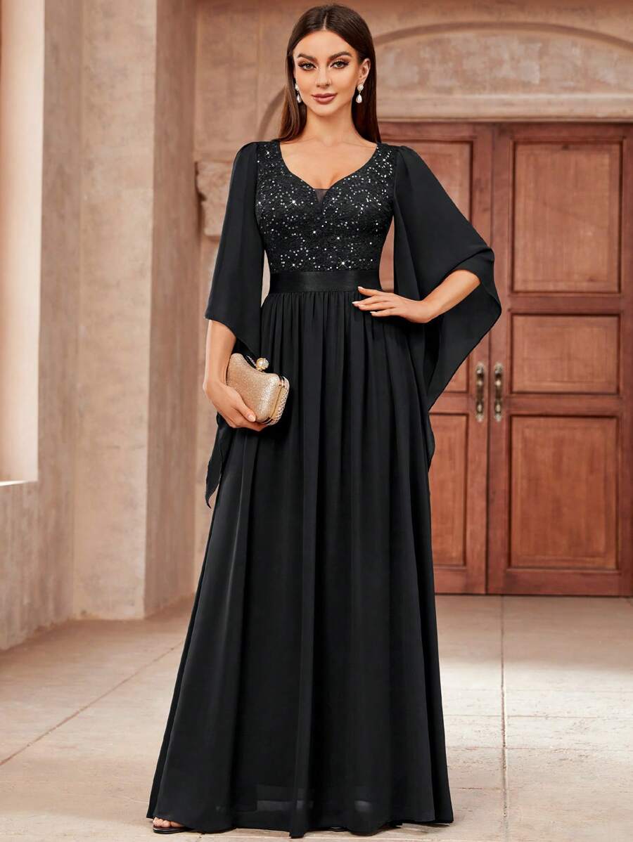 MIUSOL Đầm maxi dự tiệc trang trọng cổ chữ V sâu, đính sequin, phối ren hoa, chất liệu chiffon, thanh lịch dành cho nữ, màu đen, thích hợp cho mùa xuân.