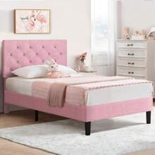 HOMBCK Upholstered  Bed Frame With Headboard, Linen Platform Bed  Frame With Wooden Slats Support,Twin/ Full/ Queen/ King,Pink/ White/ Blue/ Light Grey/ Dark Grey/ Black/ Cream - 粉色 - 查看 6