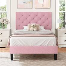 HOMBCK Upholstered  Bed Frame With Headboard, Linen Platform Bed  Frame With Wooden Slats Support,Twin/ Full/ Queen/ King,Pink/ White/ Blue/ Light Grey/ Dark Grey/ Black/ Cream - 粉色 - 查看 1