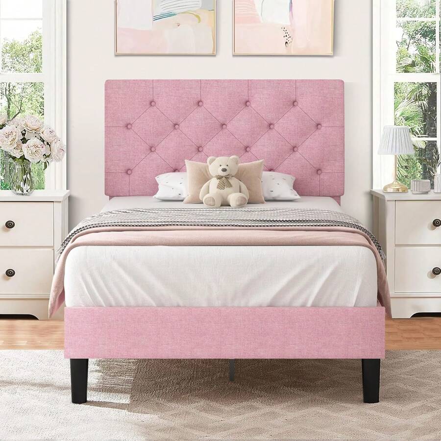 HOMBCK Upholstered Bed Frame With Headboard, Linen Platform Bed Frame With Wooden Slats Support,Twin/ Full/ Queen/ King,Pink/ White/ Blue/ Light Grey/ Dark Grey/ Black/ Cream - 粉色 - 查看 1