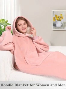 1 Pcs Sherpa Wearable Blanket Hoodie, Oversized Sherpa Fleece Sweatshirt Blanket With Giant Hood Pocket And Sleeves For Adult, Warm & Cozy Blanket Gifts For Women - 粉色 - 查看 4