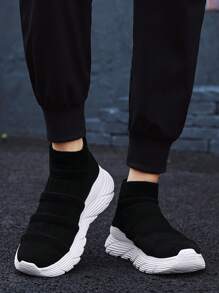 Men's Knitted Breathable Lightweight Slip-On Running Shoes, Comfortable And Versatile For Sports, Fitness, Running, Jogging And Walking - Black and White - View 6