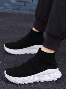 Men's Knitted Breathable Lightweight Slip-On Running Shoes, Comfortable And Versatile For Sports, Fitness, Running, Jogging And Walking - Black and White - View 2