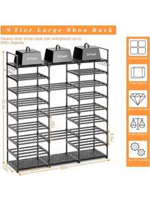 Large Shoe Rack Organizer Closet For Bedroom Entryway Hallway, 9 Tier 50-55 Pair Heavy Duty Shoes Shelf Storage With Versatile Hooks And Wooden Hammer For Entryway Living Room Bedroom