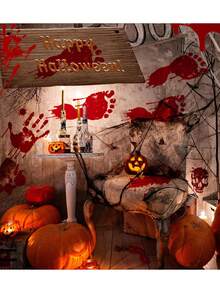 1 件万圣节恐怖血腥脚印墙贴，窗户贴花。血腥手印和脚印万圣节墙贴，临时纹身贴，血腥万圣节装饰窗贴 - 彩色 - 查看 6