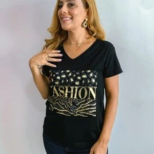 Fashion Animal Print T-Shirt Golden Application - 黑色 - 查看 1