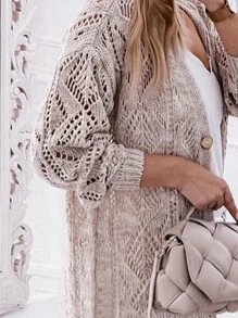 Boho Retro Cotton Mix Crochet Knit Hollow Light Weight Button Front Side Slit Long Cardigan - Khaki - View 2