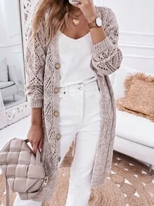 Boho Retro Cotton Mix Crochet Knit Hollow Light Weight Button Front Side Slit Long Cardigan - Khaki - View 1