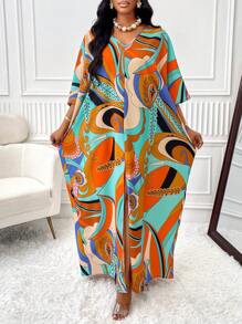 BIUBIU Summer Fashion Elegant Resort Plus Size Women's V-Neck Bat-Sleeve Slit Botanical Print Dress (Random Print) - Orange - View 6