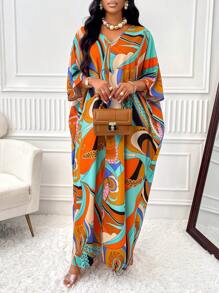 BIUBIU Summer Fashion Elegant Resort Plus Size Women's V-Neck Bat-Sleeve Slit Botanical Print Dress (Random Print) - Orange - View 4