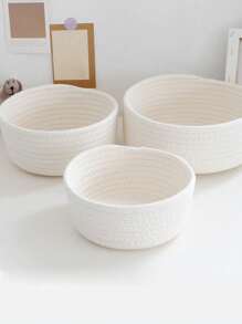 1 pieza Organizador de almacenamiento de cesta tejida a mano con apertura superior, bandeja redonda de ratán para guardar cosas - Beige - Ver 1