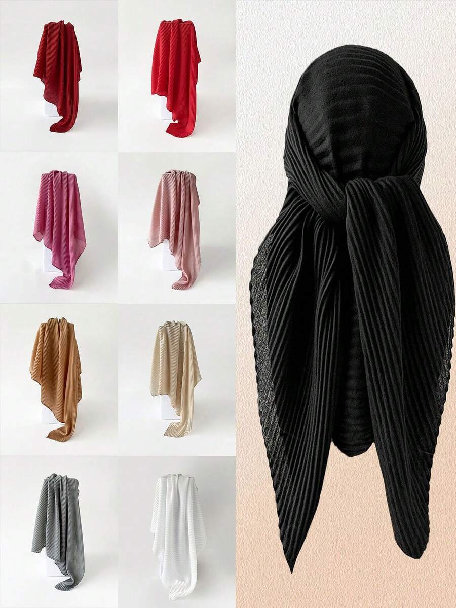 Foulard en soie et faux lin de couleur unie pour femmes, foulard carré plissé de 90 cm, nouvelle mode châle enveloppe en soie - Multicolore - Voir 1