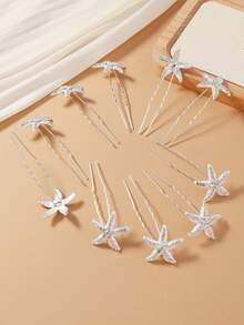 10 Cái/bộ Kẹp Tóc Cô Dâu Hình Chữ U Handmade Chủ Đề Đại Dương Với Thiết Kế Sao Biển Đính Kim Cương Giả, Phụ Kiện Tóc Thanh Lịch Để Mặc Hàng Ngày Và Đám Cưới - Bạc - Xem 4