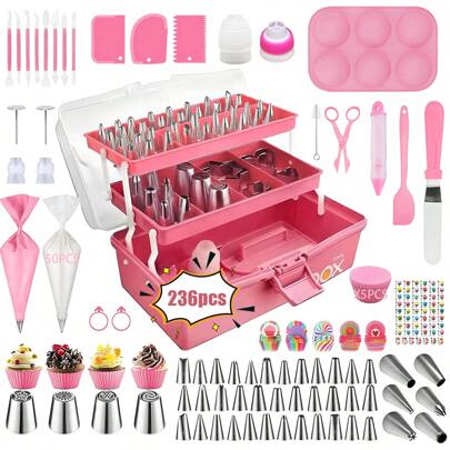 236pcs Cake Decorating Tools Set, Includes Piping Nozzles, Piping Bags, Cake Molds, Icing Spatula, Icing Smoother, Carving Knives, Cake Decorations, Spray Nozzles, Pastry, Cupcake Liners, Baking Pans, Baking Tools, Frosting, Cookies, Kitchen Gadgets