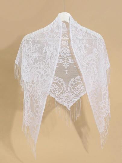 1 件白色针织佩斯利图案镂空花朵和流苏设计女士三角形围巾，适合春季、夏季、秋季的多功能披肩、防晒霜和头带波西米亚风配饰女士