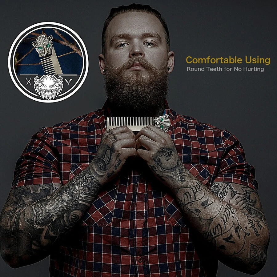 1 Pc Men's Leopard Head Metal Beard Comb Luxurious Emerald Diamond Design  Style Cool And Wild Style Men's Hair Comb Suitable For Hair Brushing Hair Trimming Hair Trimming Beard Essential Hairdressing Tools - Multicolor - View 1