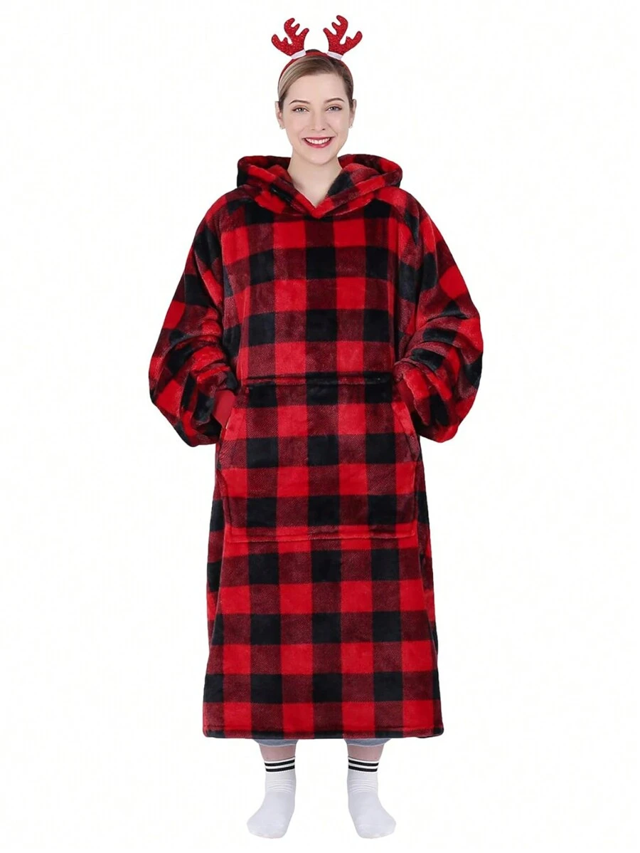 1 Pcs Wearable Blanket Sweatshirt Gifts For Women And Men, Warm And Cozy Giant Blanket Hoodie, Thick Flannel Blanket With Sleeves And Giant Pocket - 紅黑格子 - 查看 1