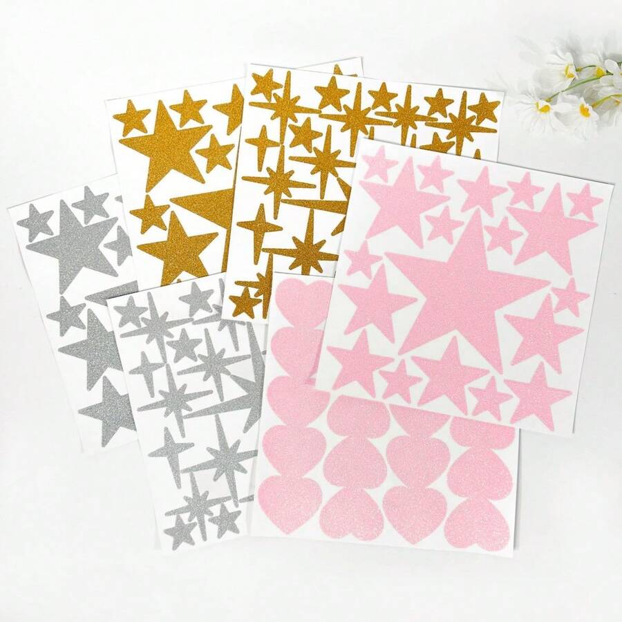 1pc Glitter Heart & Star Wall Sticker, Cartoon Decal For Home Decoration, Wardrobe, Mirror, Cup, Glass - Self-Adhesive Glitter Sticker