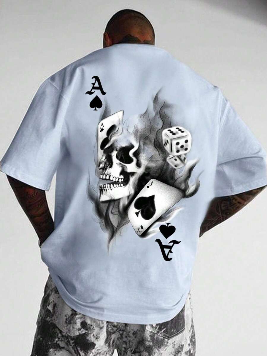 Men's T-Shirt Printed Skull And Playing Cards 100% Premium Cotton - Màu xanh nhạt - Xem 1