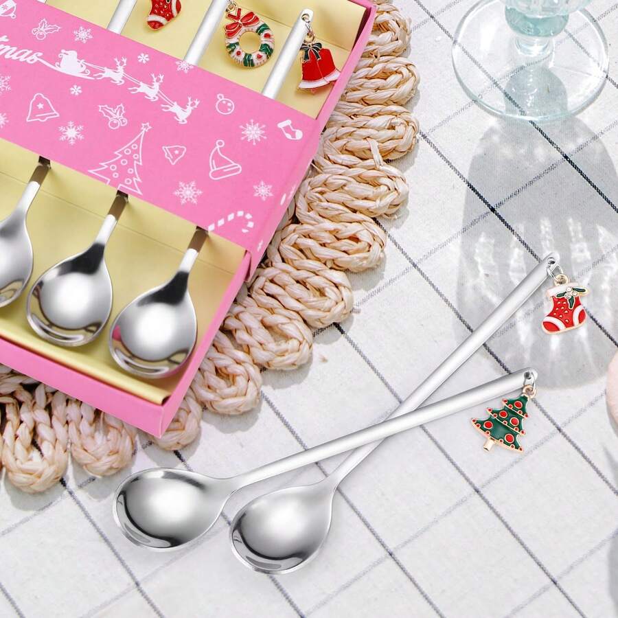 6 Pcs Christmas Gift Spoon, Dessert Spoons, Stainless Steel Stirring