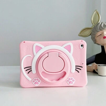 360° Rotating Cute Cat Silicone Tablet Case Cover With Handle Stand, Compatible With IPhone, Compatible With Huawei, Compatible With Samsung Tablets - Pink
