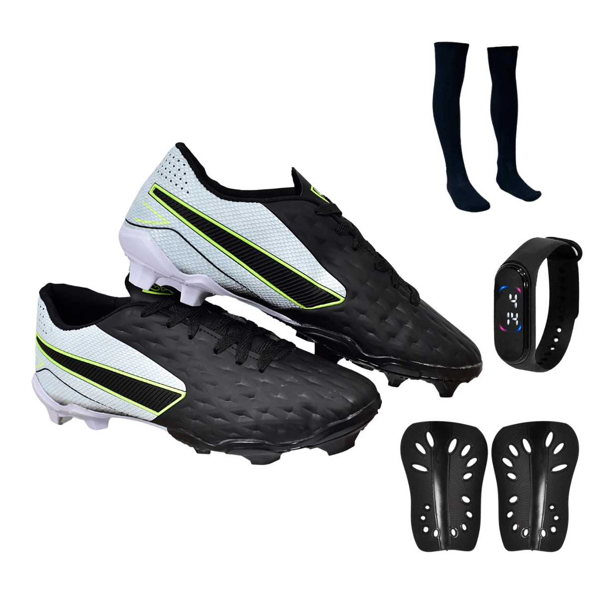 Campo Impactor Football Boots Adult Youth Lawn Sewn Lock Football New + Shin Guard Socks - Black and White - View 1