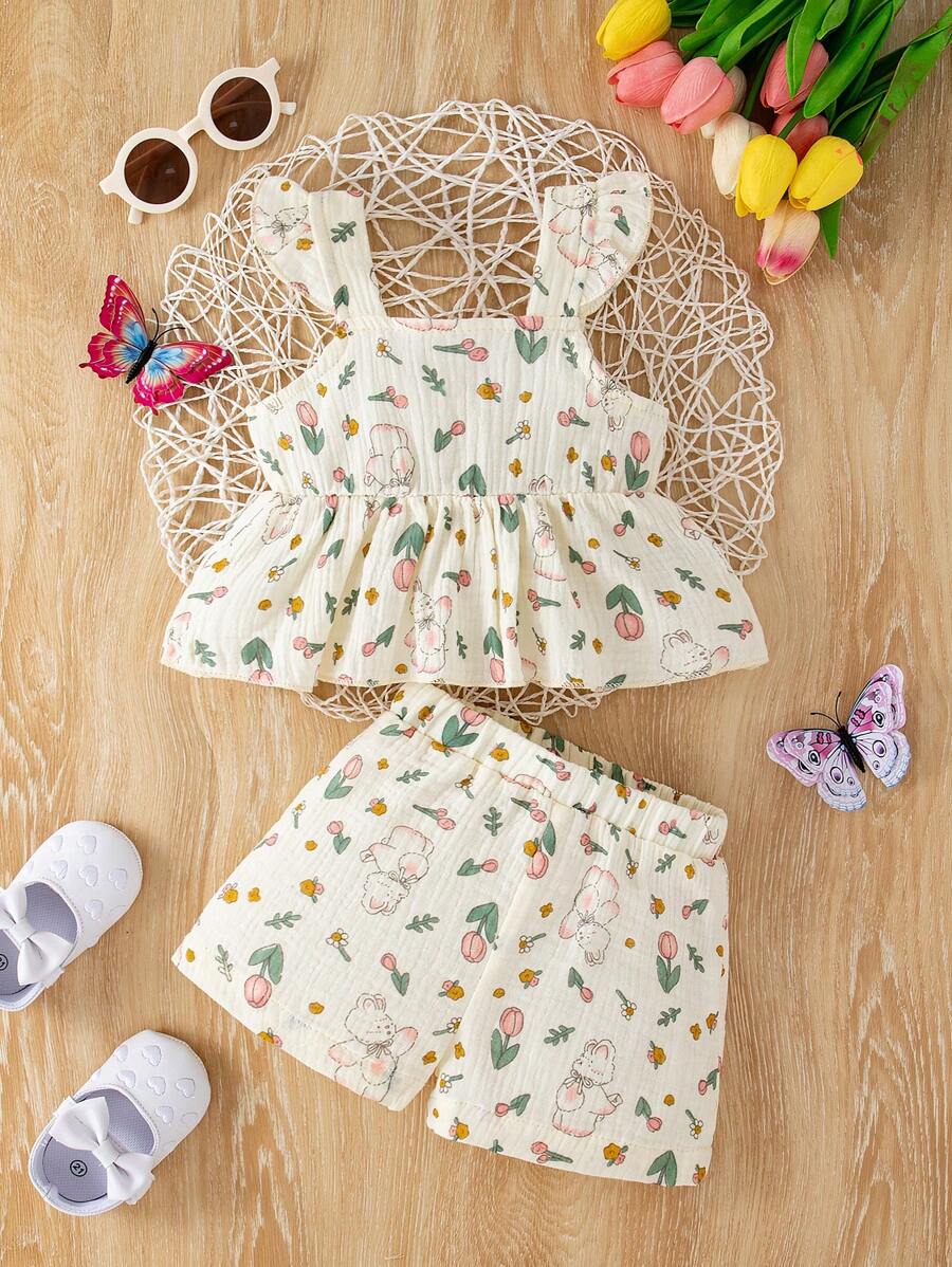 Linen Blend Floral Printed Baby Girl Tank Top + Shorts Set - Apricot - View 1