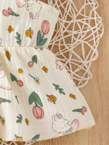 Linen Blend Floral Printed Baby Girl Tank Top + Shorts Set - Apricot - View 5